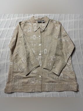 Chico's Beige Silk Linen Button-Front Embroidered Shirt Jacket